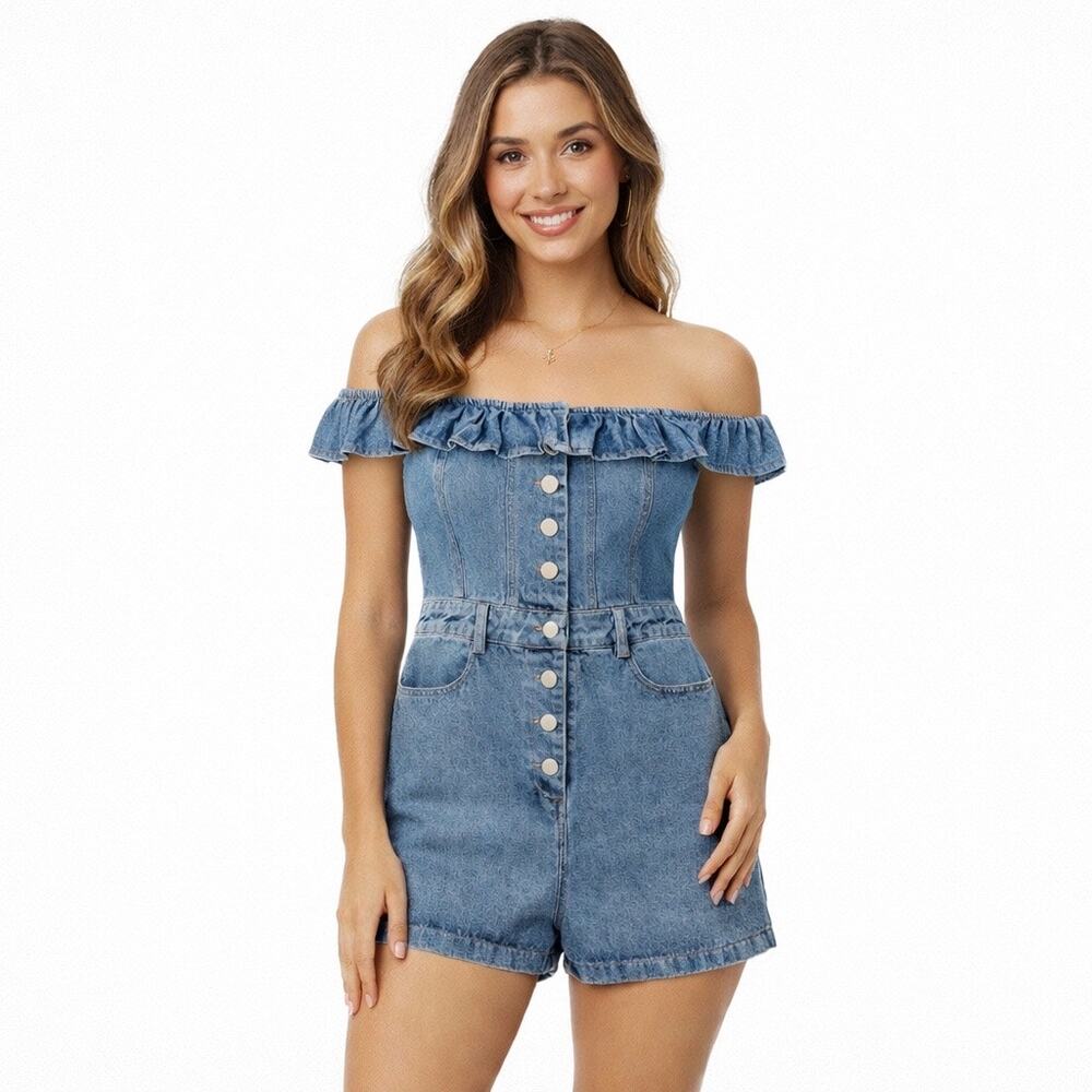 B7‎ Le Lis Denim Romper Playsuit S Ruffle Off The Shoulder Casual Chic Feminine